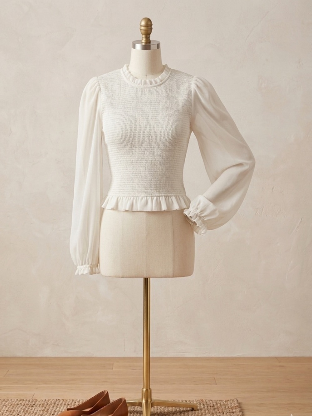 Wilfred Ivory Smocked Peplum Blouse with Sheer Puff Sleeves